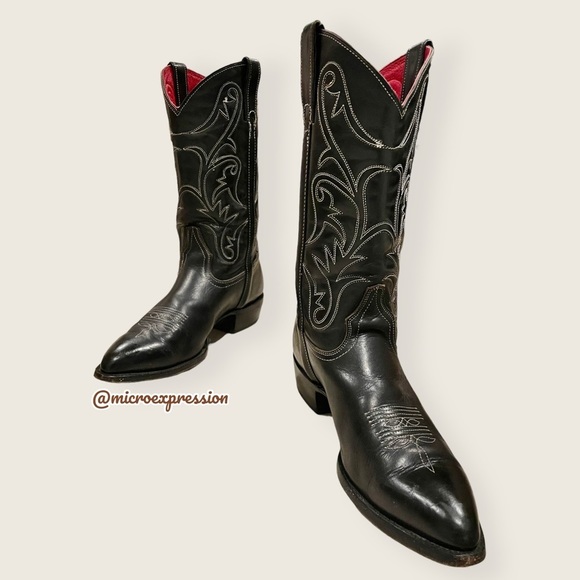 VINTAGE 1990 Frye Black Red Contrast Leather Embroidery Stitch Tall Cowboy Boot - Picture 3 of 11